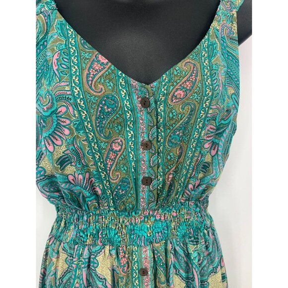 Boemo Anthropologie Women Dress Turquoise Paisley Ruffle Tier Smock Stretch - Picture 4 of 9